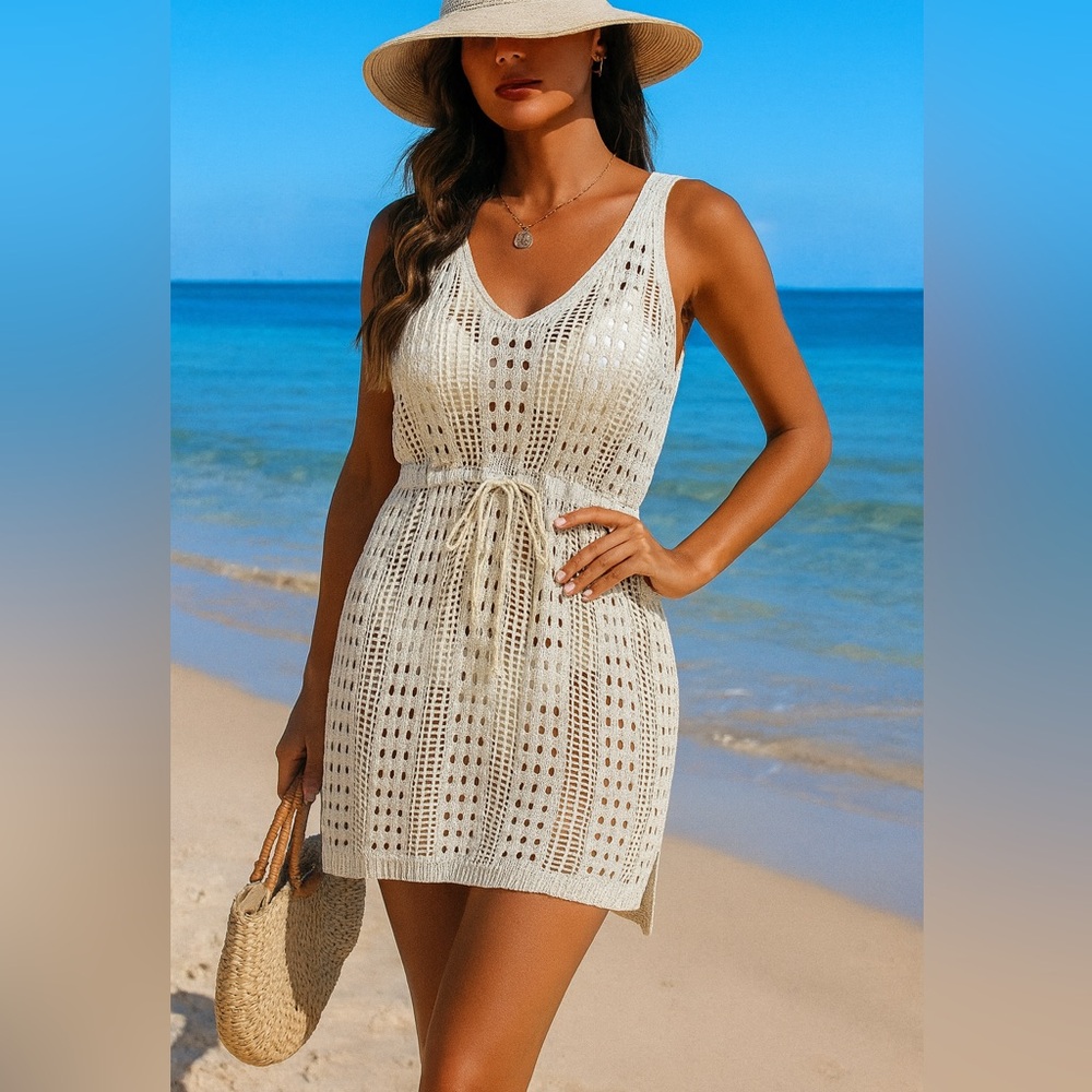 AI'MAGE  Crochet Swim Cover Up Hollow Out Sleeveless Bikini  V Neck Beachwear